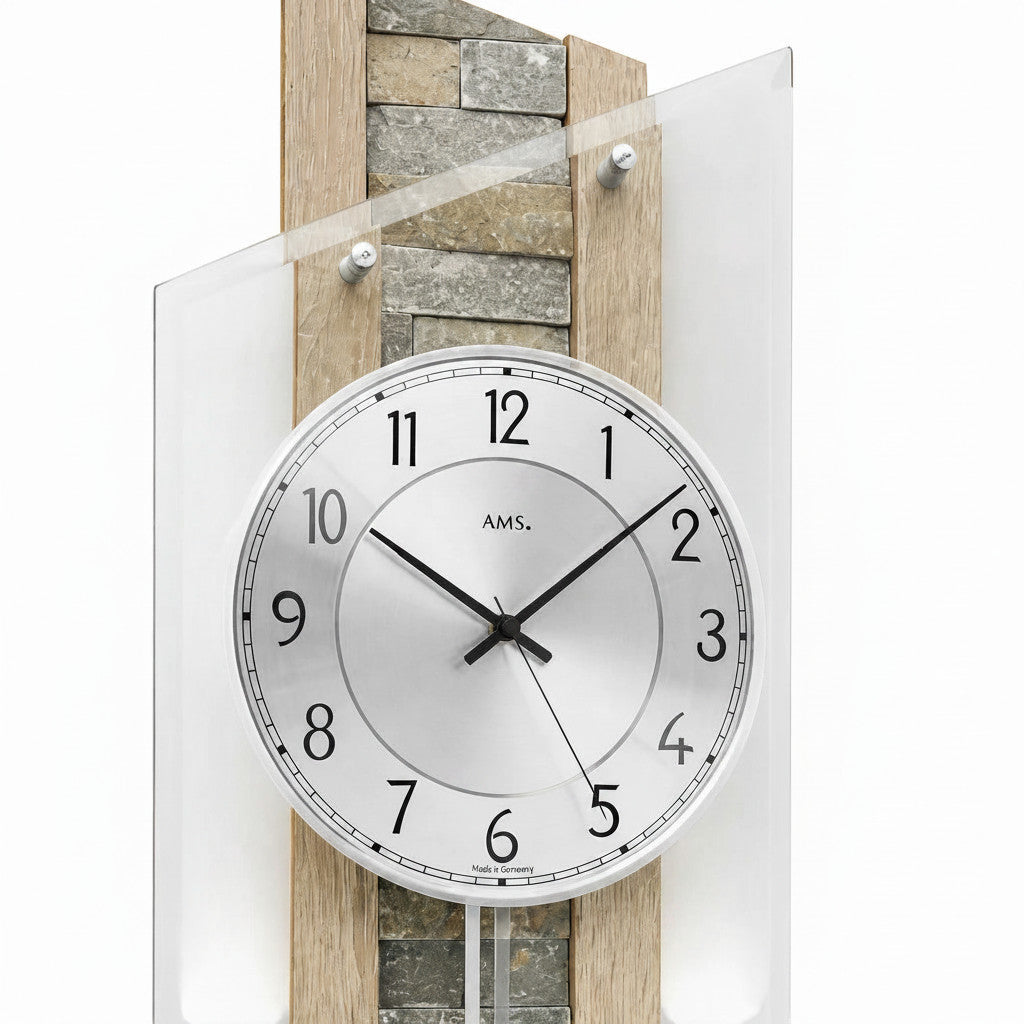 Standuhren.com 🕰️ AMS Funkwanduhr mit Sonoma-Holz, Naturstein-Einlage, Aluminium-Zifferblatt und Mineralglas-Front