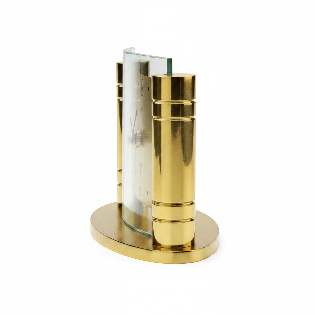 Standuhren.com 🕰️ AMS F5131 Funk-Tischuhr in Gold mit geschwungenem Mineralglas und modernem Metallgehäuse