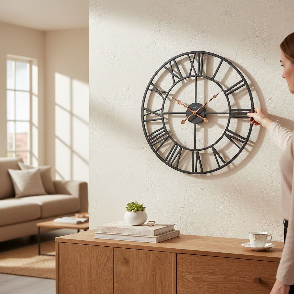 Standuhren.com 🕰️ AMS W9685 Wanduhr mit schwarzem Metallgehäuse, römischen Ziffern und kupferfarbenen Zeigern an Wand