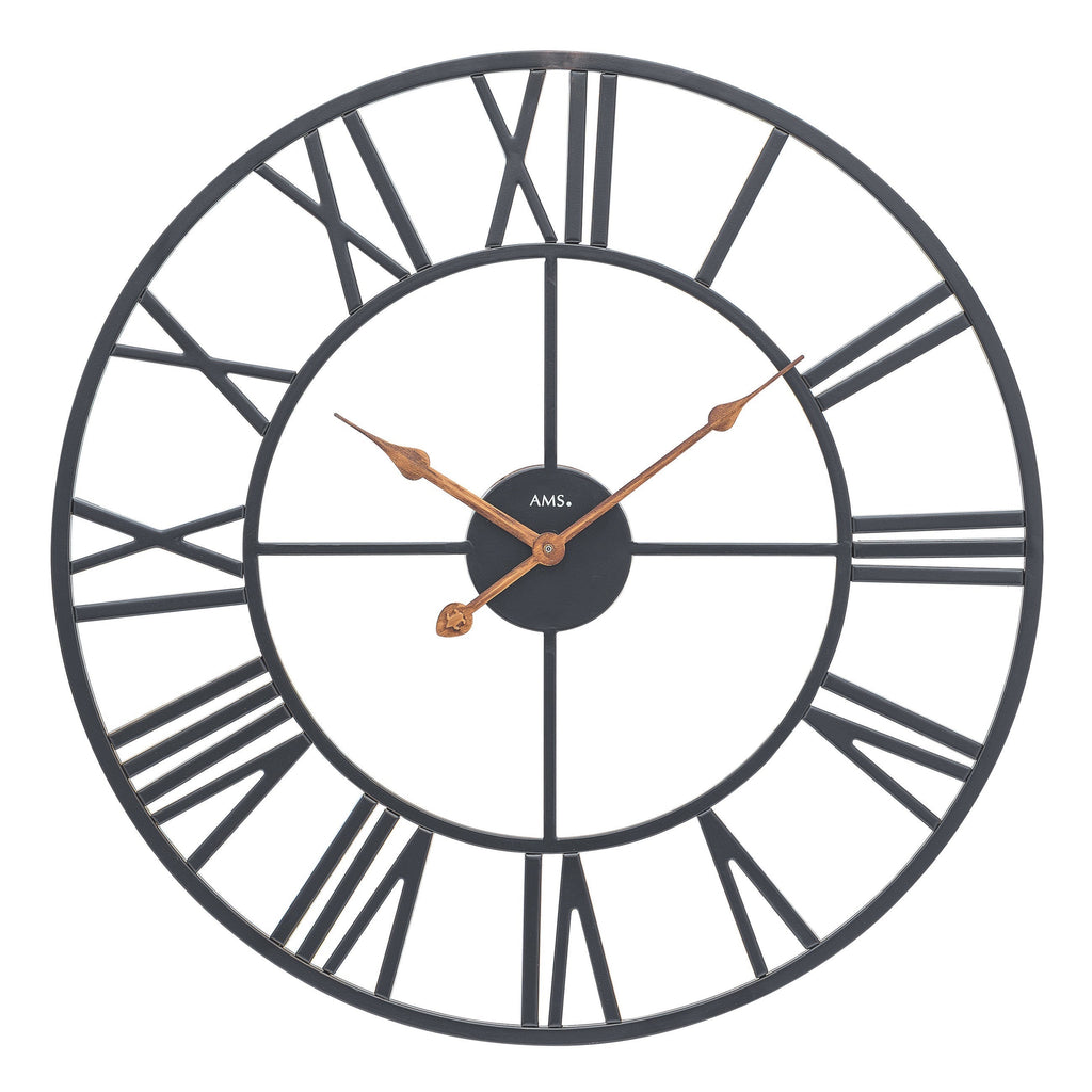 Standuhren.com 🕰️ AMS W9685 Wanduhr mit schwarzem Metallgehäuse und römischen Ziffern im modernen Design