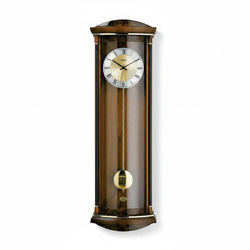 Standuhren.com 🕰️ AMS Funkwanduhr aus Nussbaum-Massivholz mit Wurzelholz-Pianofinish, Pendel und Aluminium-Zifferblatt