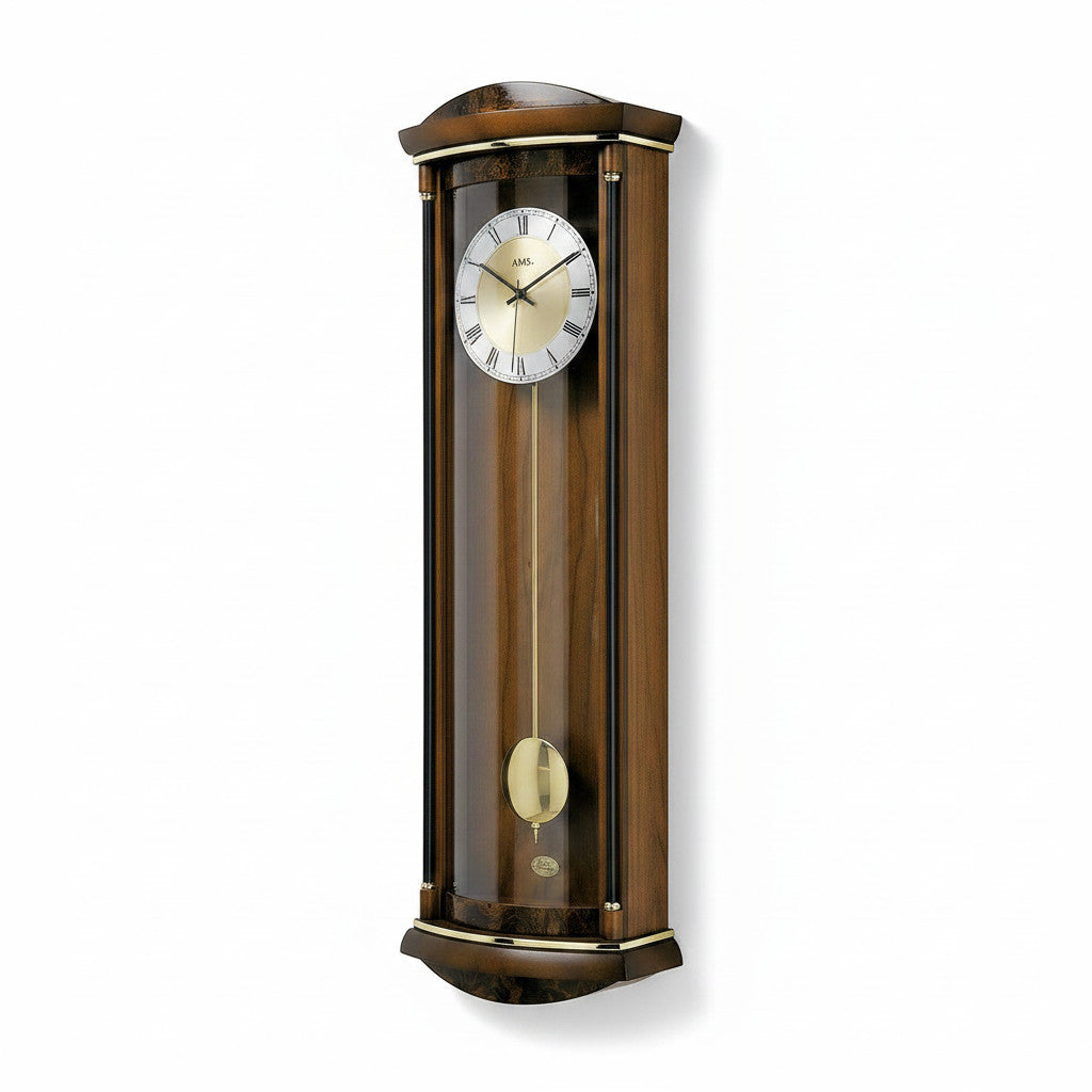 Standuhren.com 🕰️ AMS Funk-Pendelwanduhr aus Nussbaum-Massivholz mit Wurzelholz-Pianofinish und goldenem Pendel
