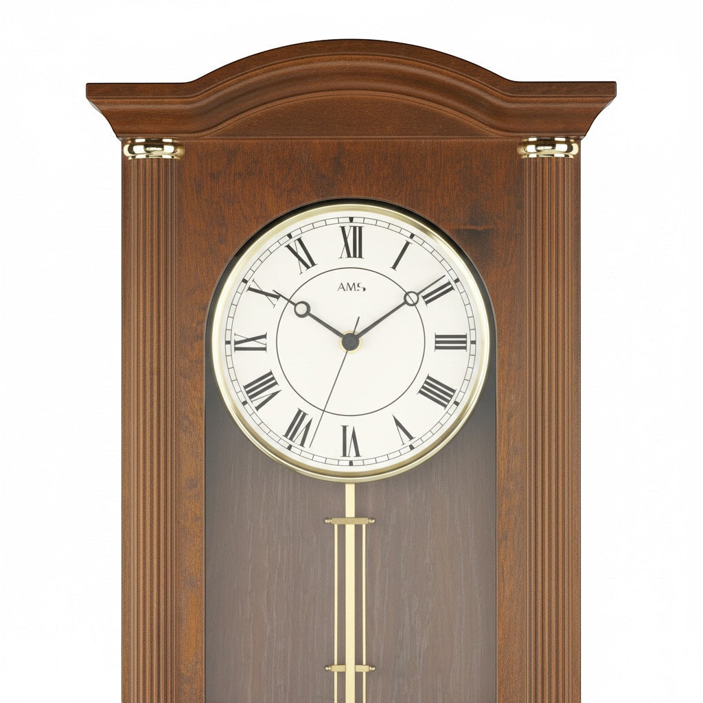 Standuhren.com 🕰️ AMS Pendel-Funkwanduhr mit elegantem Nussbaum-Holzgehäuse, weißem Zifferblatt und römischen Zahlen.