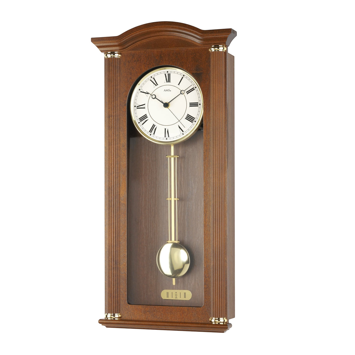 Standuhren.com 🕰️ AMS Pendel-Funkwanduhr aus Nussbaumholz mit klassischem Zifferblatt und goldenem Pendel