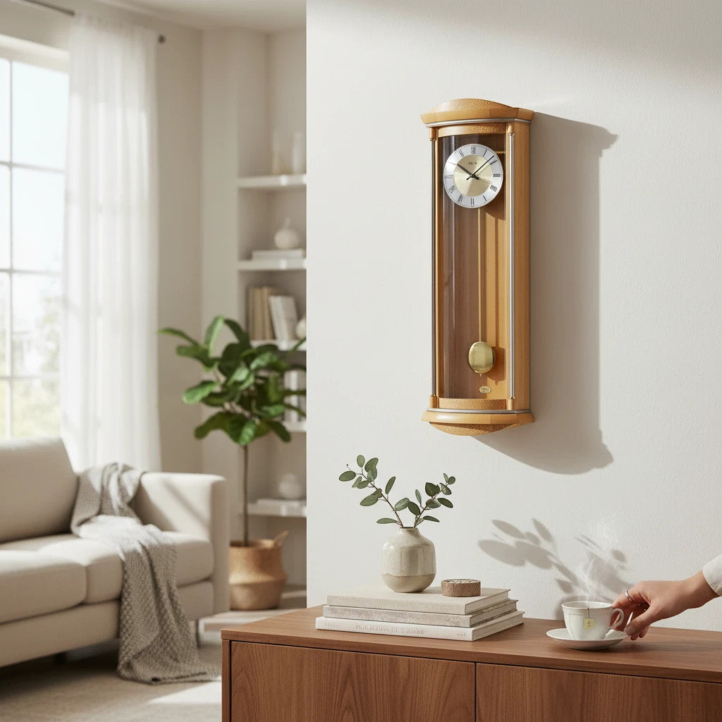 Standuhren.com 🕰️ AMS Pendel-Funkwanduhr aus hellem Erlenholz mit Wurzelholz-Pianofinish und Aluminium-Zifferblatt