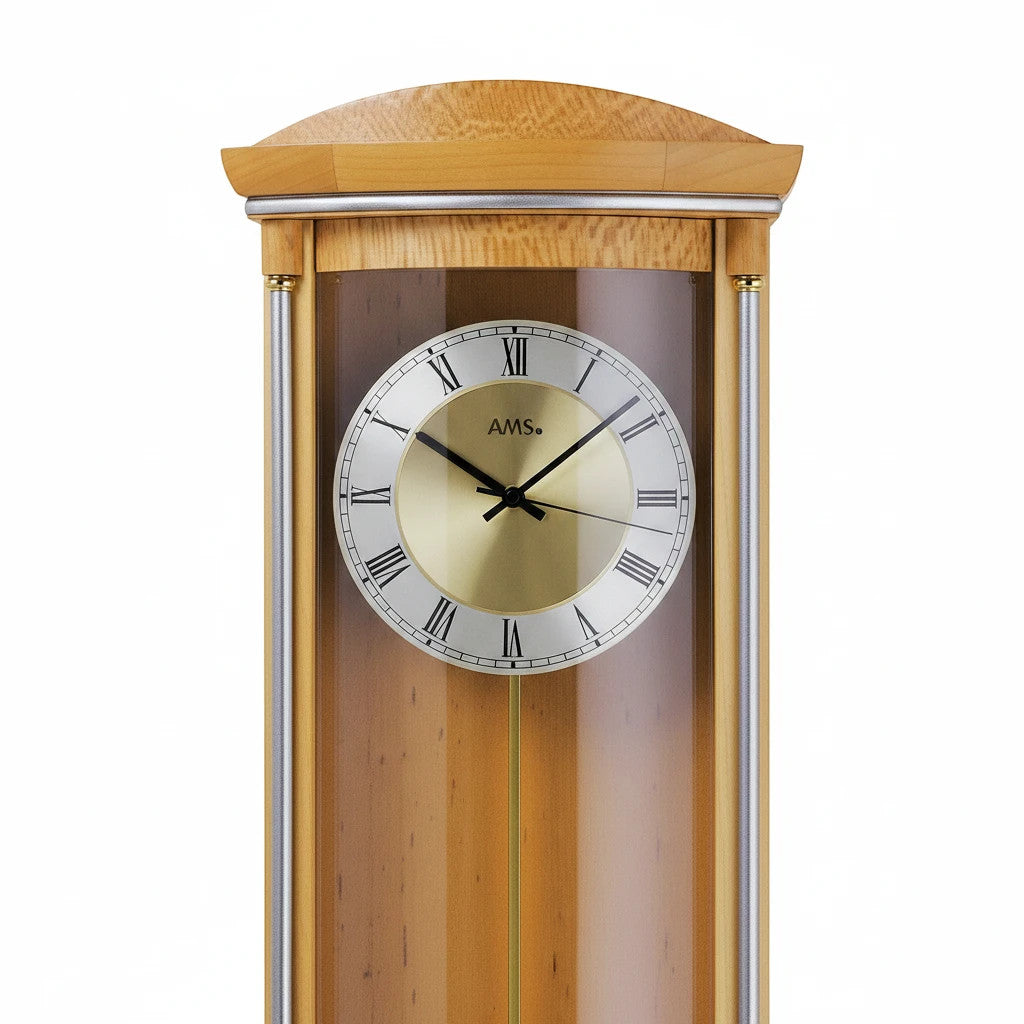 Standuhren.com 🕰️ AMS Pendel-Funkwanduhr aus hellem Erlenholz mit Wurzelholz-Pianofinish und Aluminium-Zifferblatt