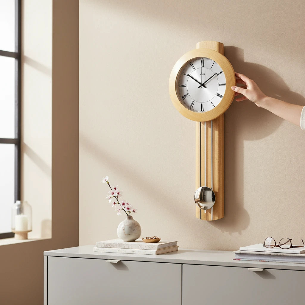 Standuhren.com 🕰️ AMS Funk-Pendelwanduhr aus hellem Buchen-Massivholz mit silbernem Zifferblatt an einer Wand