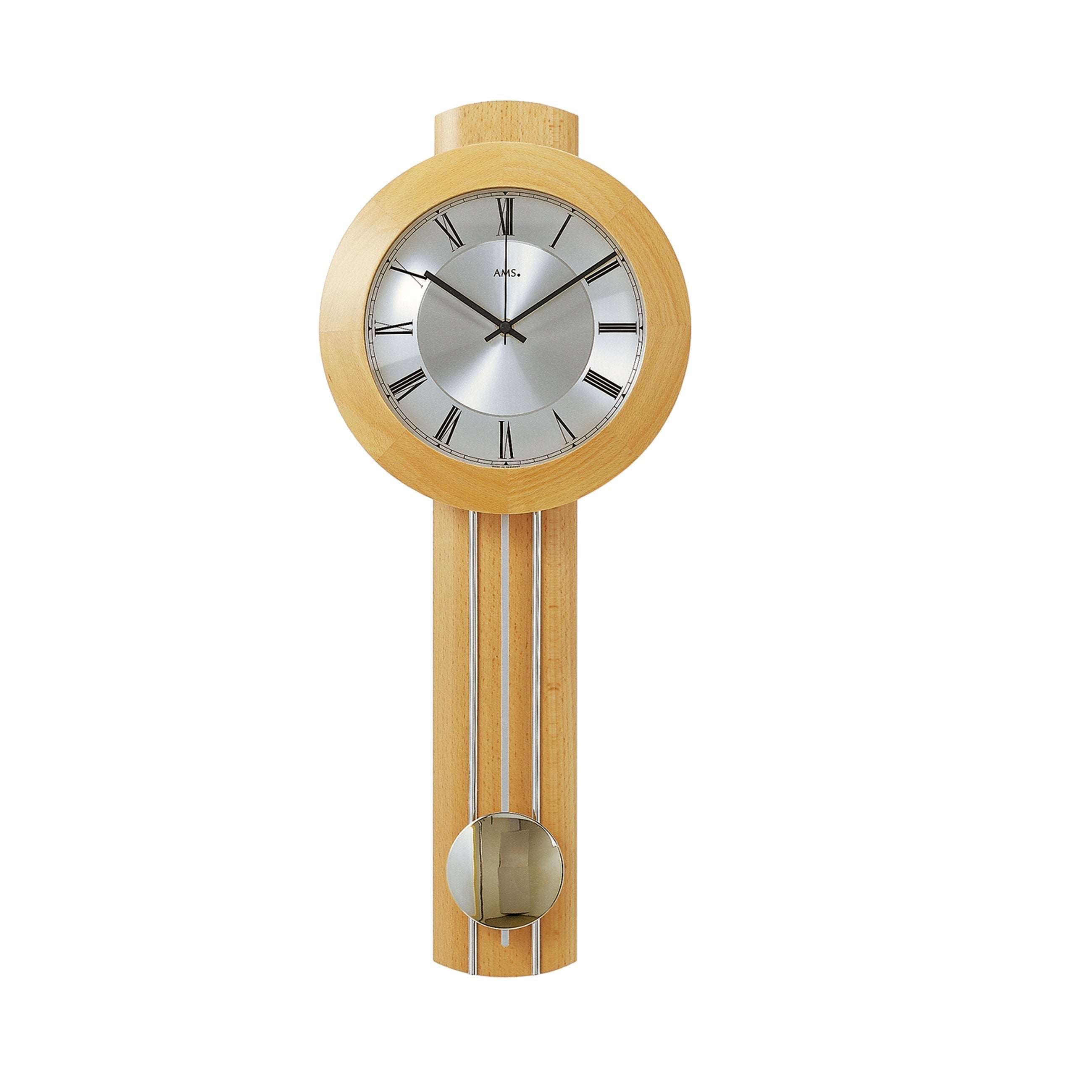 Standuhren.com 🕰️ AMS Funk-Pendelwanduhr aus hellem Buchen-Massivholz mit silbernem Aluminium-Zifferblatt