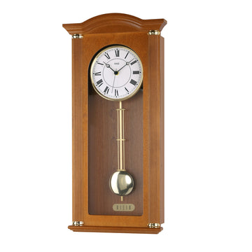 Standuhren.com 🕰️ AMS Funkwanduhr mit Pendel aus kirschbaumfarbenem Holz, weißem Zifferblatt und römischen Ziffern