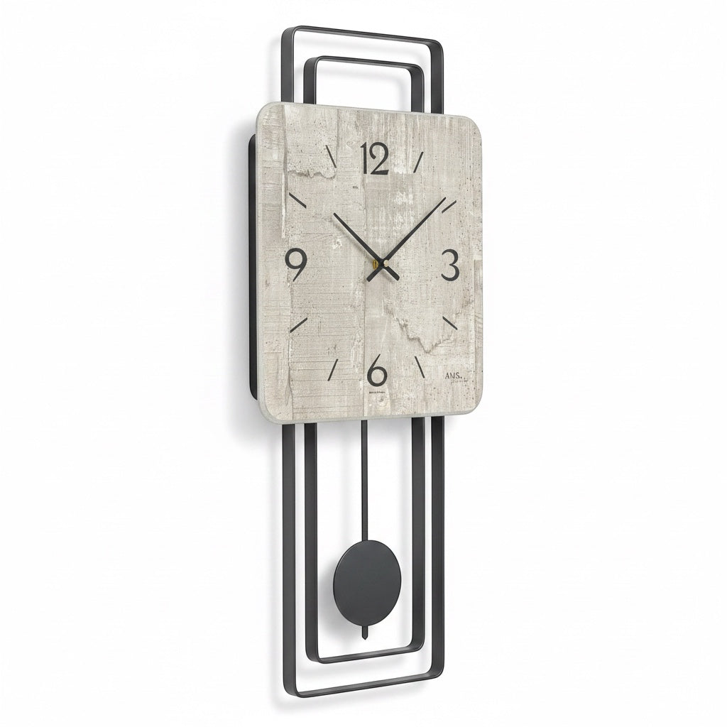 Standuhren.com 🕰️ AMS W7503 Pendelwanduhr mit modernem Betonoptik-Zifferblatt und schwarzem Metallrahmen