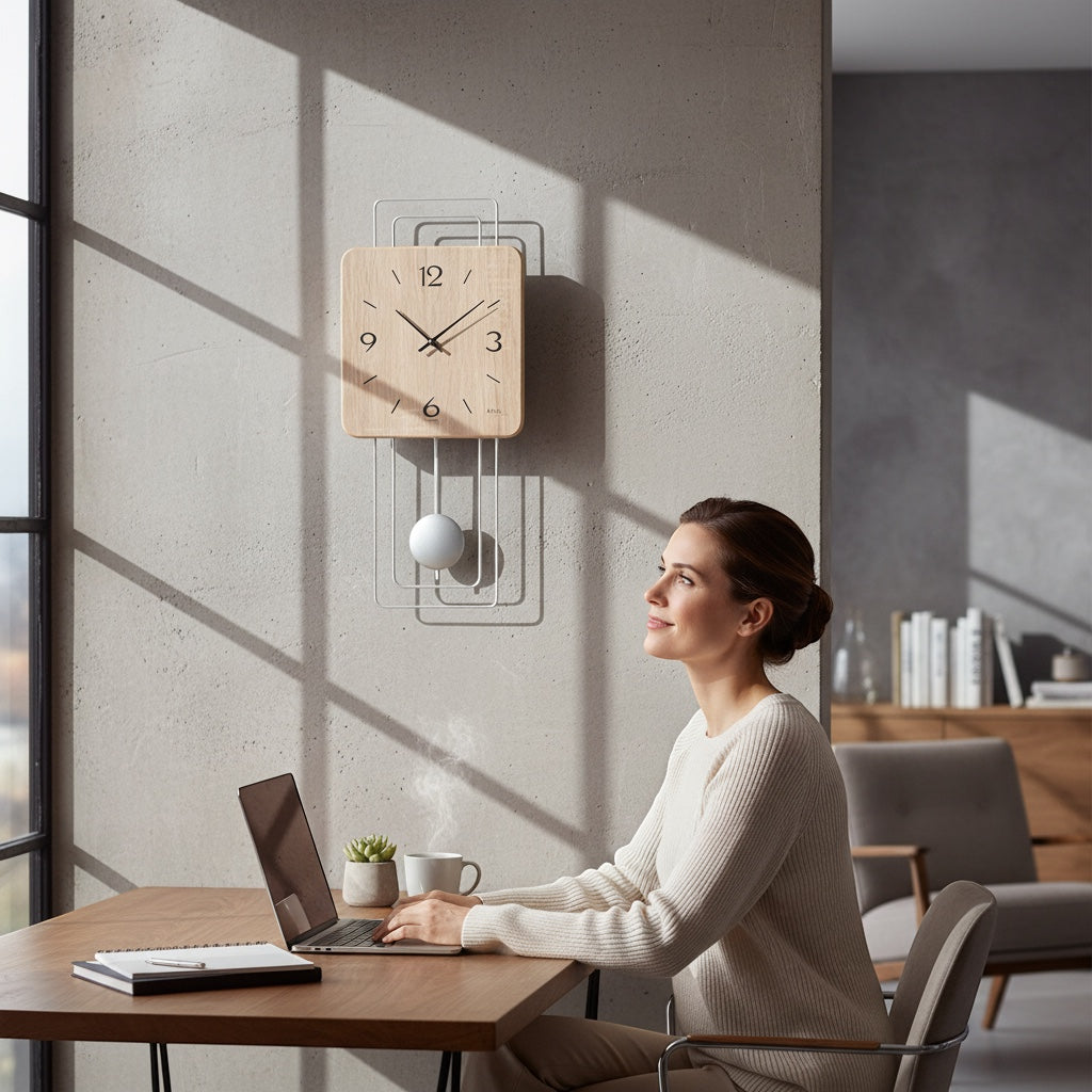 Standuhren.com 🕰️ AMS W7502 Pendelwanduhr mit hellem Sonoma-Holzgehäuse und Pendel in einem modernen Wohnzimmer