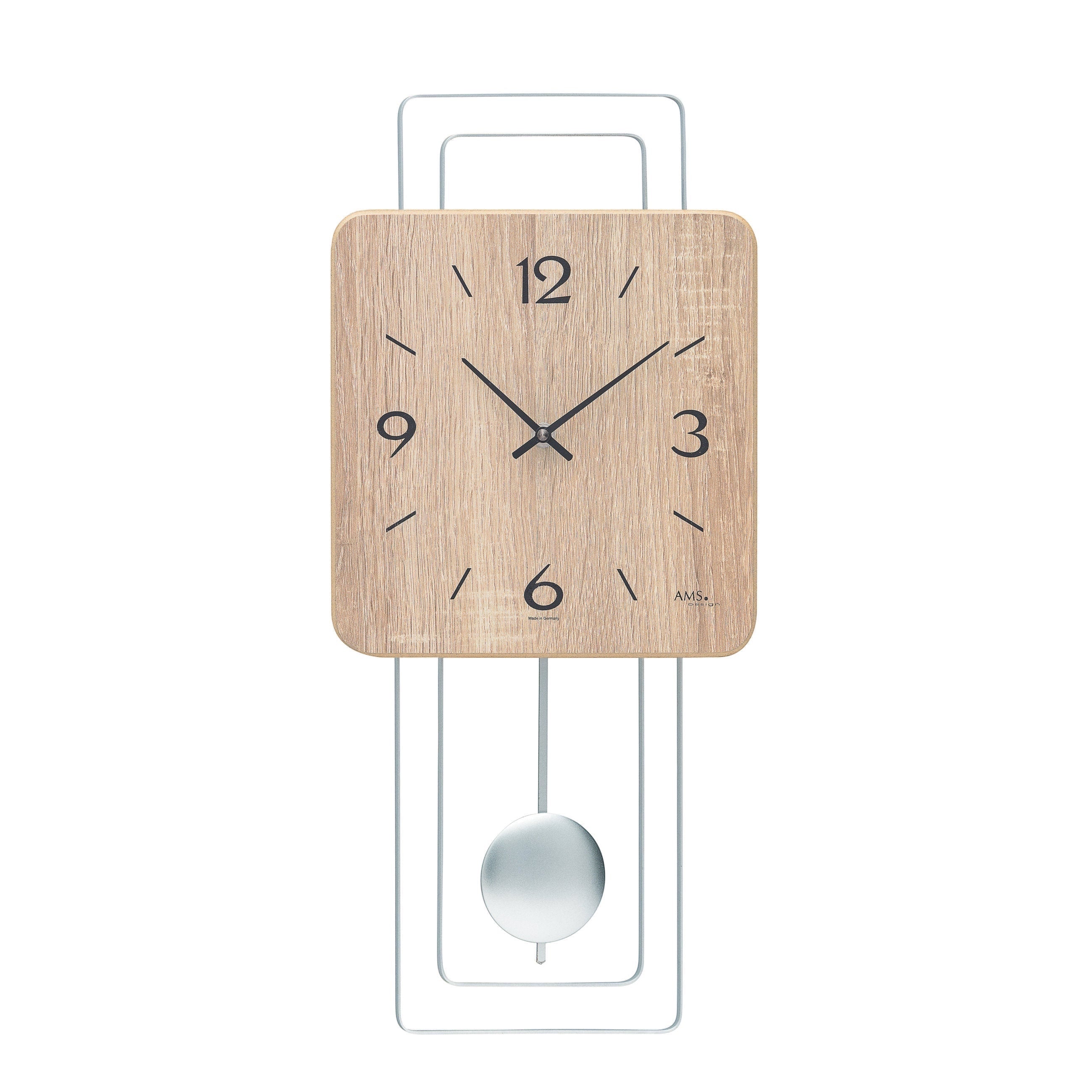 Standuhren.com 🕰️ AMS W7502 Pendelwanduhr mit quadratischem Holzgehäuse in Sonoma-Optik und silbernem Pendel