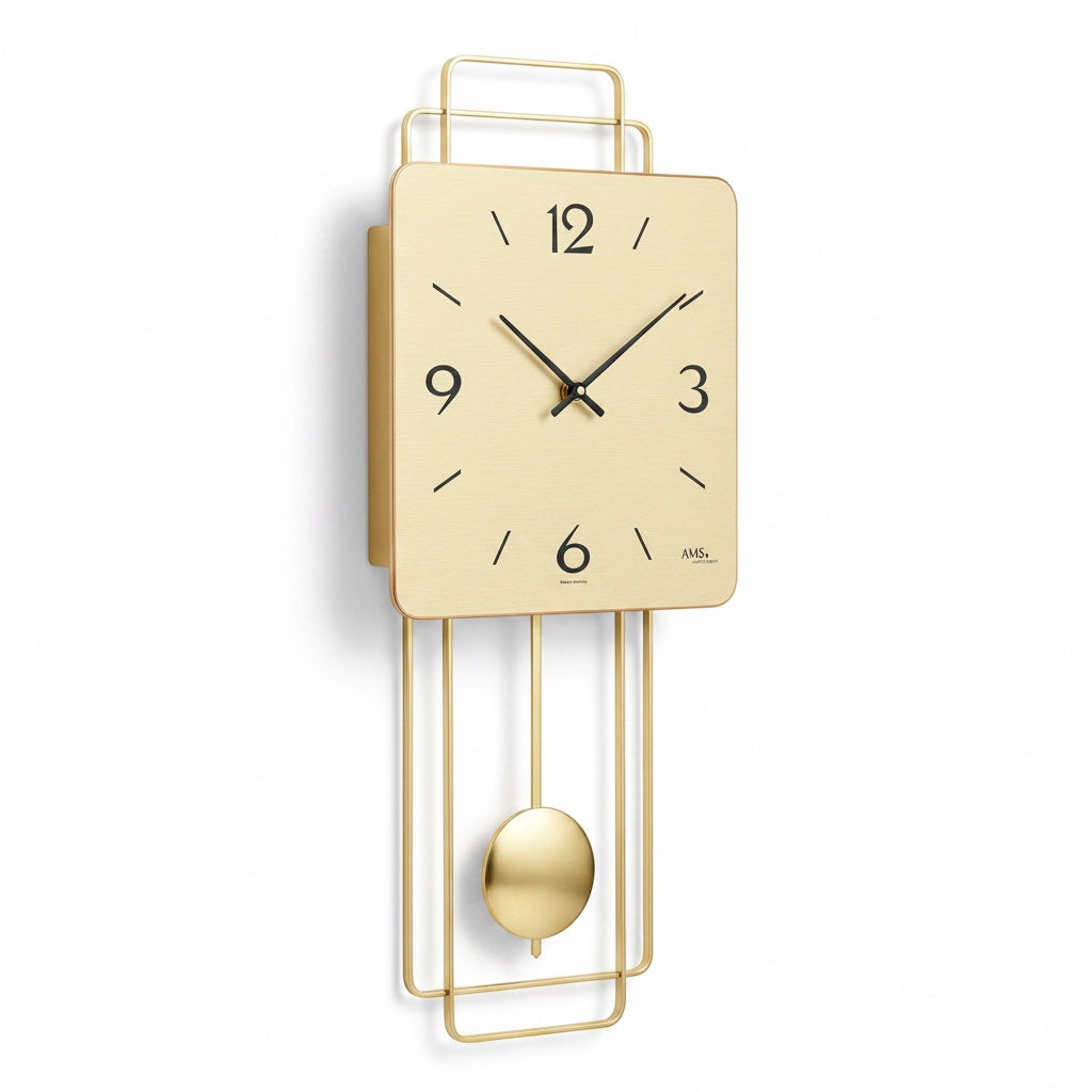 Standuhren.com 🕰️ AMS W7501 Pendelwanduhr mit quadratischem Messing-Zifferblatt und elegantem goldenem Pendel