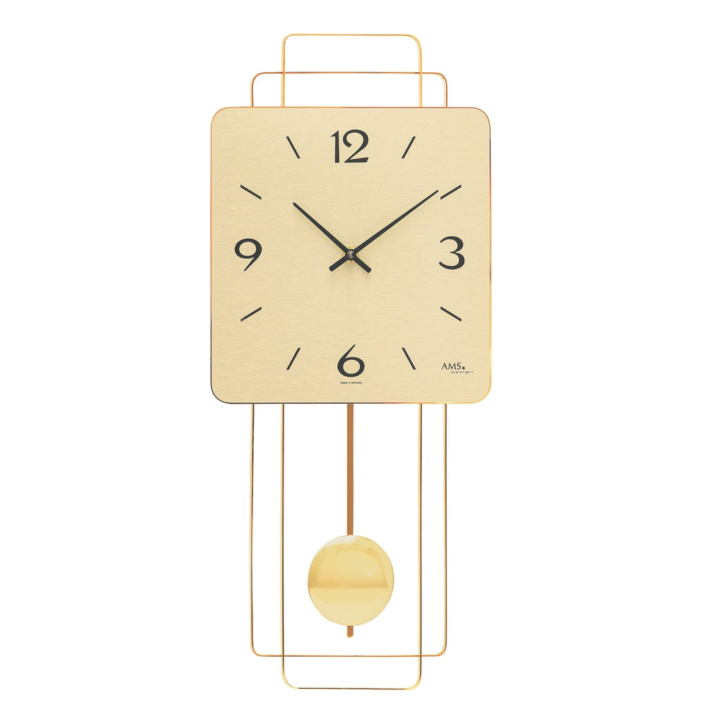 Standuhren.com 🕰️ AMS W7501 Pendelwanduhr mit quadratischem goldfarbenem Messing-Zifferblatt und filigranem Pendel