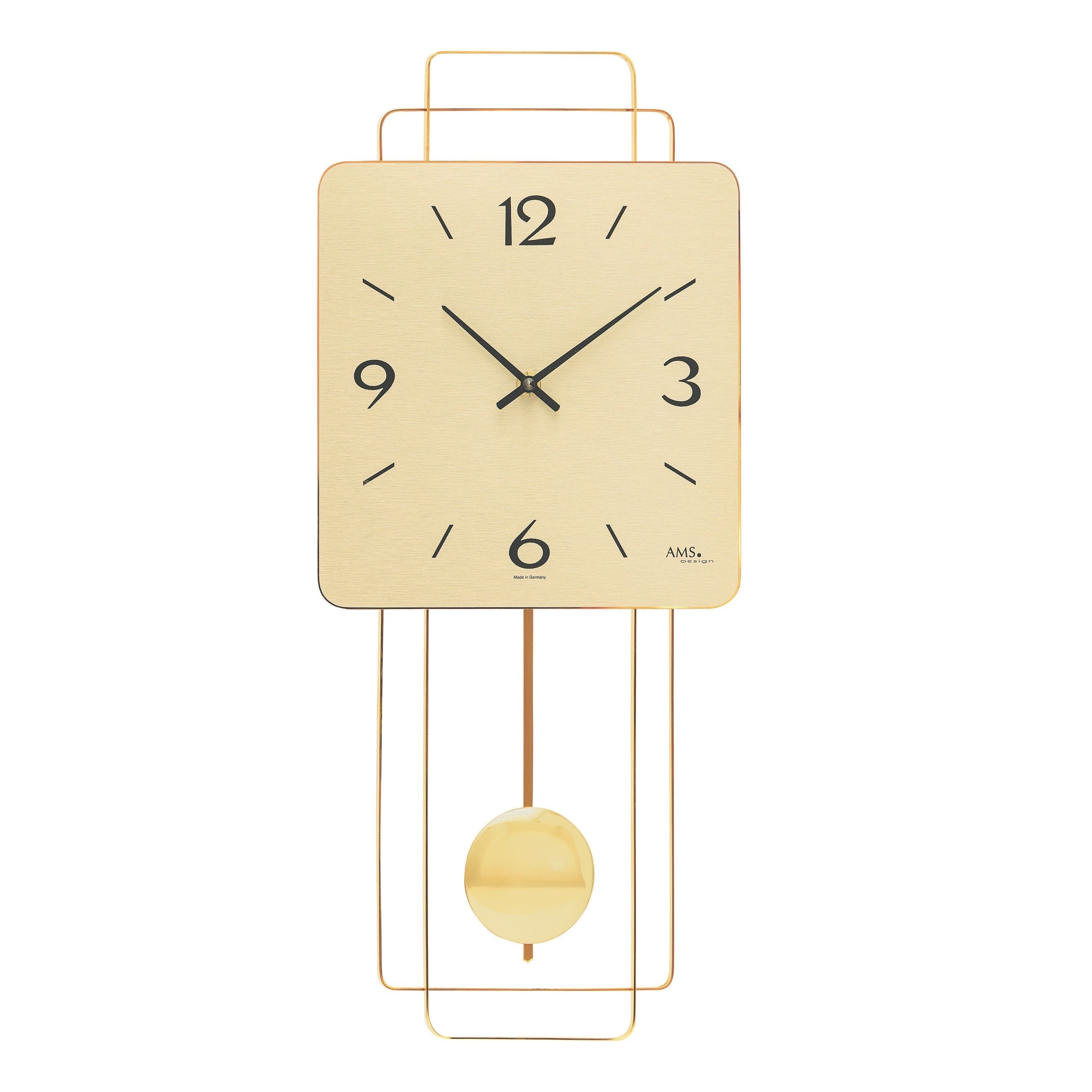 Standuhren.com 🕰️ AMS W7501 Pendelwanduhr mit quadratischem goldfarbenem Messing-Zifferblatt und filigranem Pendel