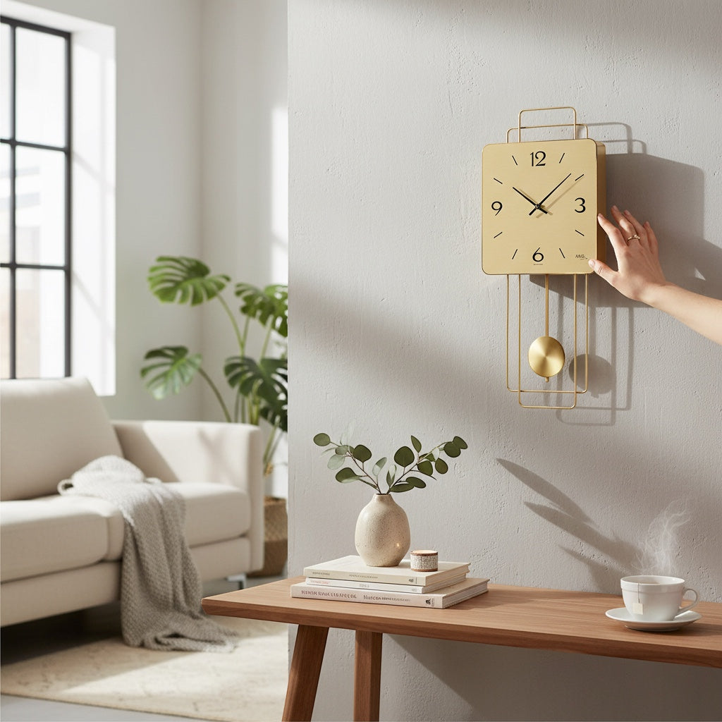 Standuhren.com 🕰️ AMS W7501 Pendelwanduhr mit goldenem Messing-Zifferblatt und Pendel an einer hellen Wohnzimmerwand