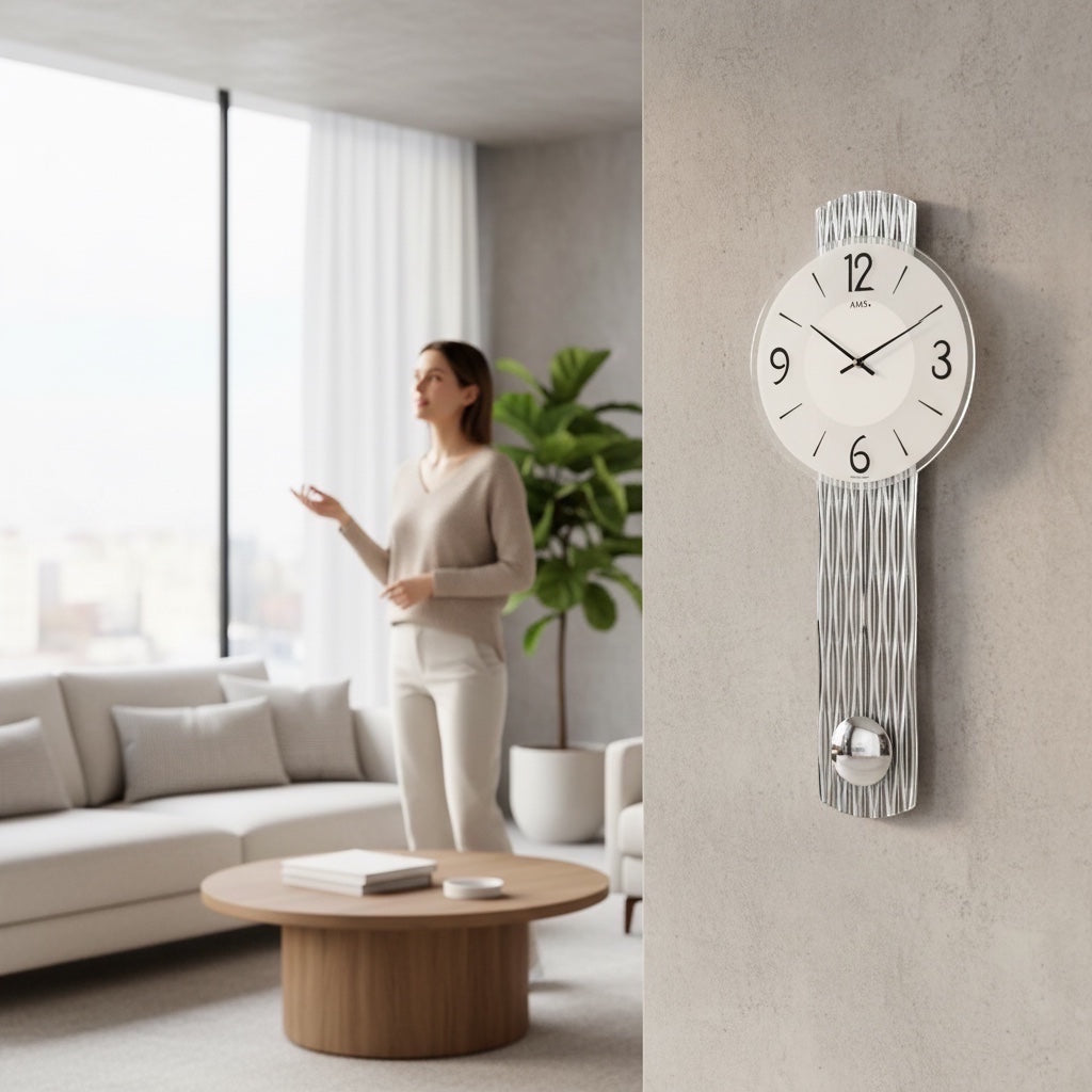 Standuhren.com 🕰️ AMS W7506 Pendelwanduhr mit silbernem Holzgehäuse und Mineralglas-Zifferblatt in modernem Wohnraum
