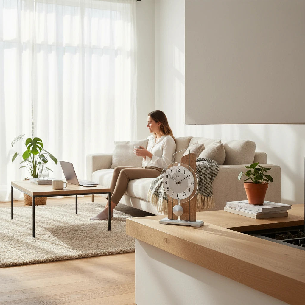Standuhren.com 🕰️ AMS T1261 Tischuhr aus Sonoma-Holz mit Pendel und Aluminium-Zifferblatt in modernem Wohnzimmer