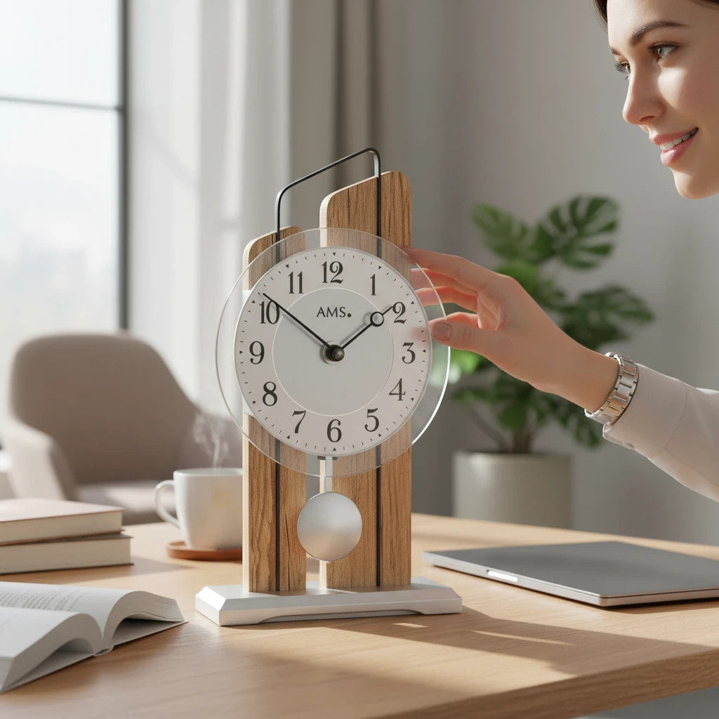 Standuhren.com 🕰️ AMS T1260 Tischuhr aus Wildeiche mit Metallzierteil, Pendel und Glaszifferblatt auf einem Schreibtisch