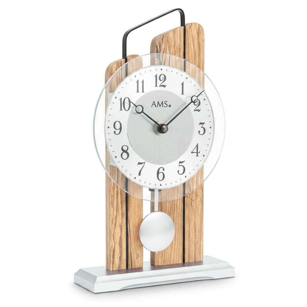 Standuhren.com 🕰️ AMS T1260 Tischuhr aus Wildeiche mit Metallzierteil, Aluminium-Zifferblatt und Mineralglas.