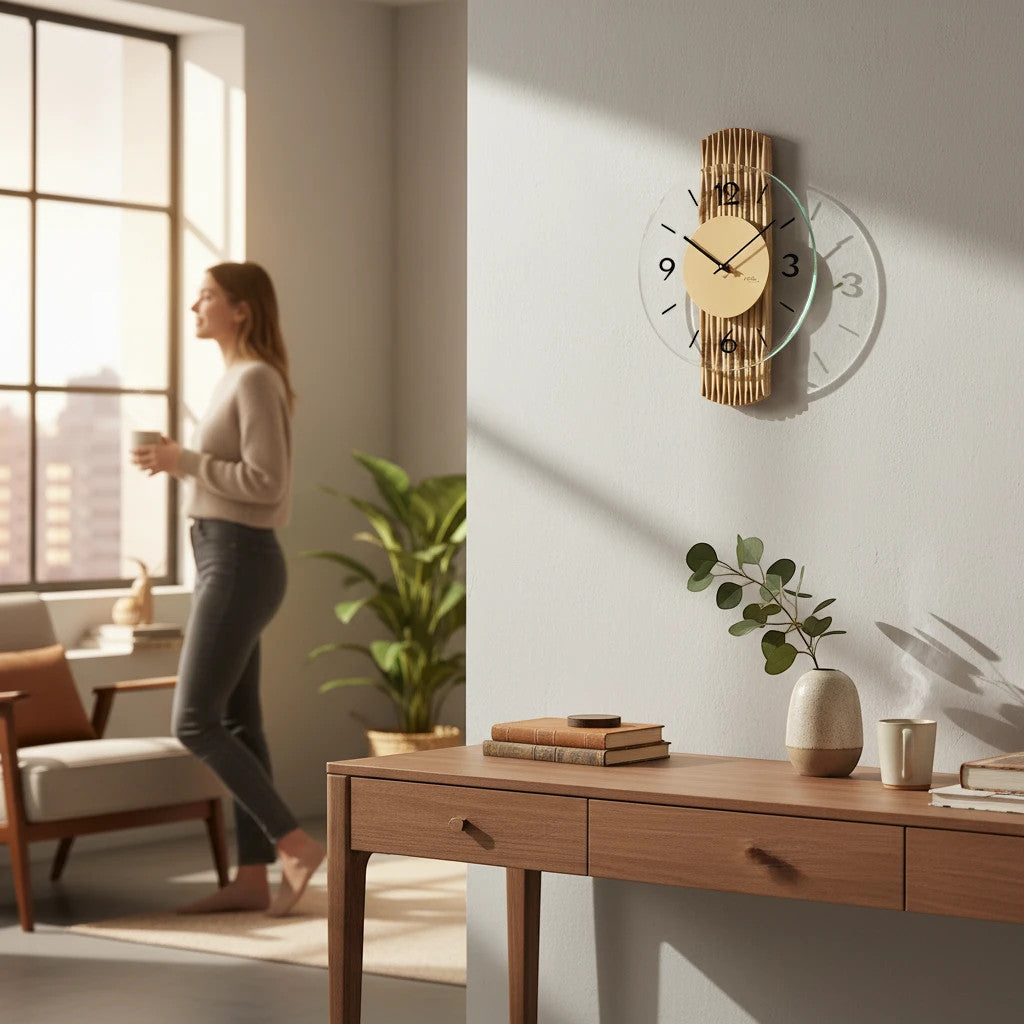 Standuhren.com 🕰️ AMS W9695 Wanduhr mit feingefräster Holzrückwand in Messingoptik und facettiertem Mineralglas