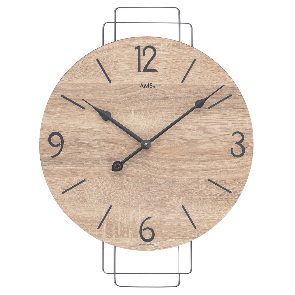 Standuhren.com 🕰️ AMS W9687 Wanduhr mit hellem Sonoma-Holzoptik-Zifferblatt und modernem Metallrahmen