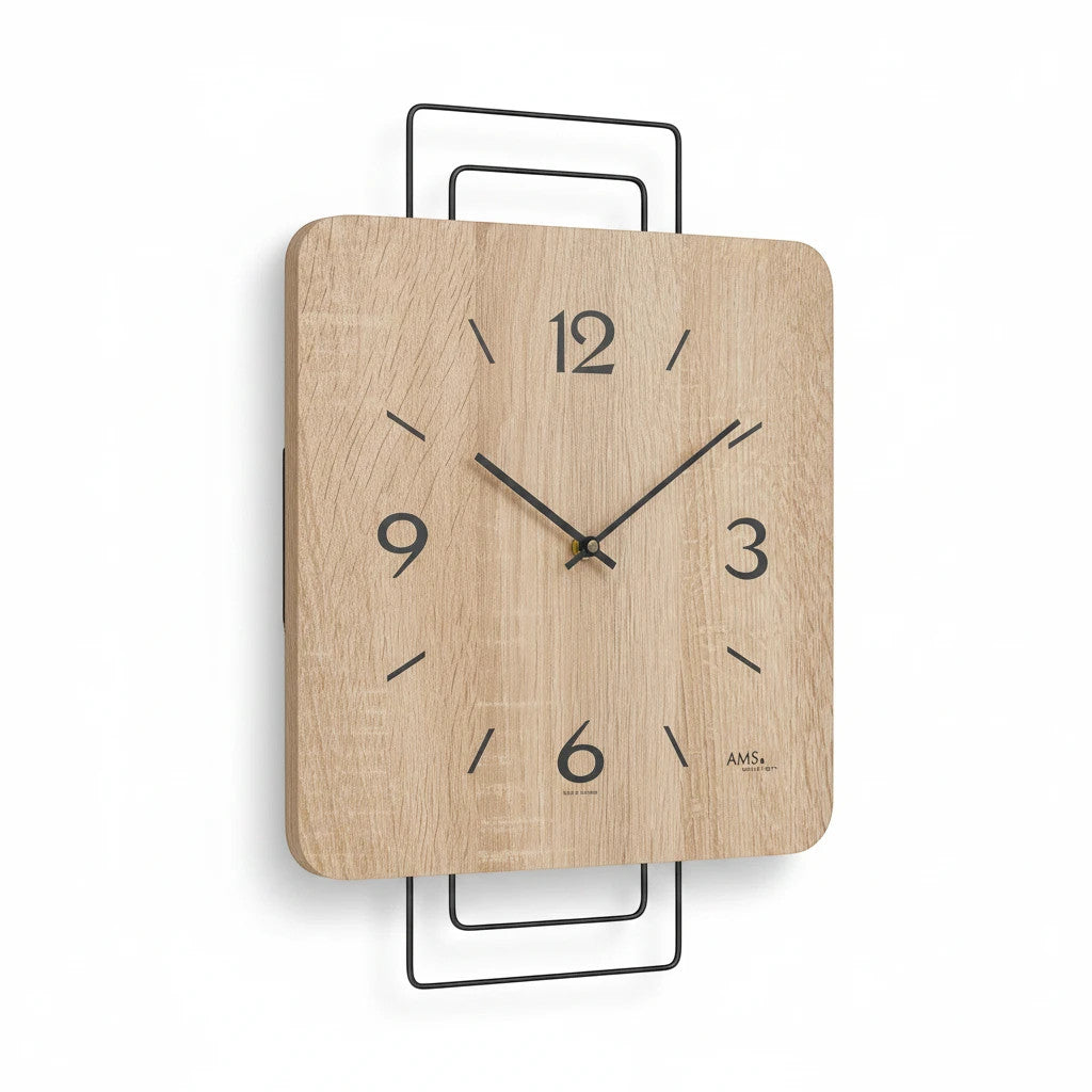 Standuhren.com 🕰️ AMS W9692 Wanduhr mit quadratischem Sonoma-Holz-Zifferblatt und modernem schwarzem Metallrahmen