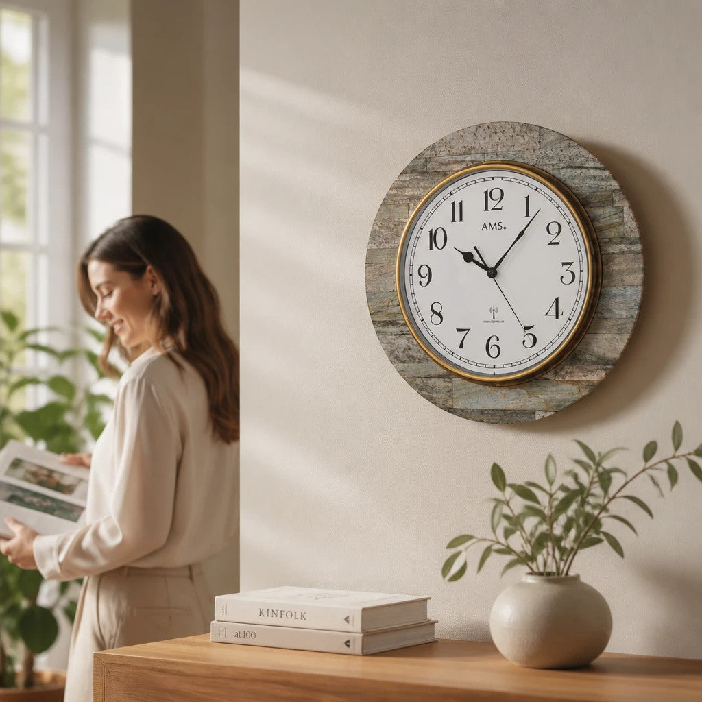 Standuhren.com 🕰️ AMS Funkwanduhr mit brauner Steinauflage und Holzgehäuse an einer hellen Wand im Wohnzimmer
