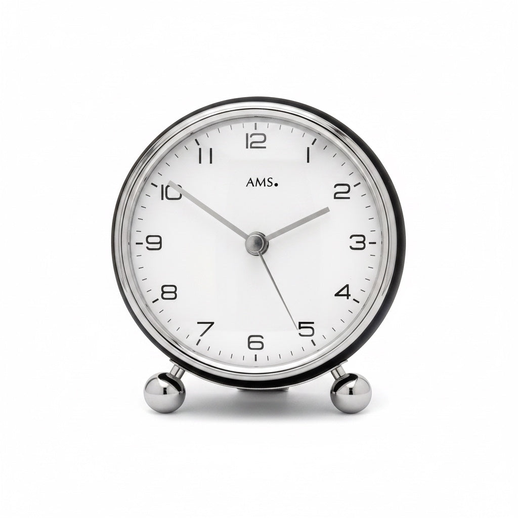 Standuhren.com 🕰️ AMS F5194 Funk-Tischuhr mit rundem Metallgehäuse in Schwarz-Silber und weißem Zifferblatt